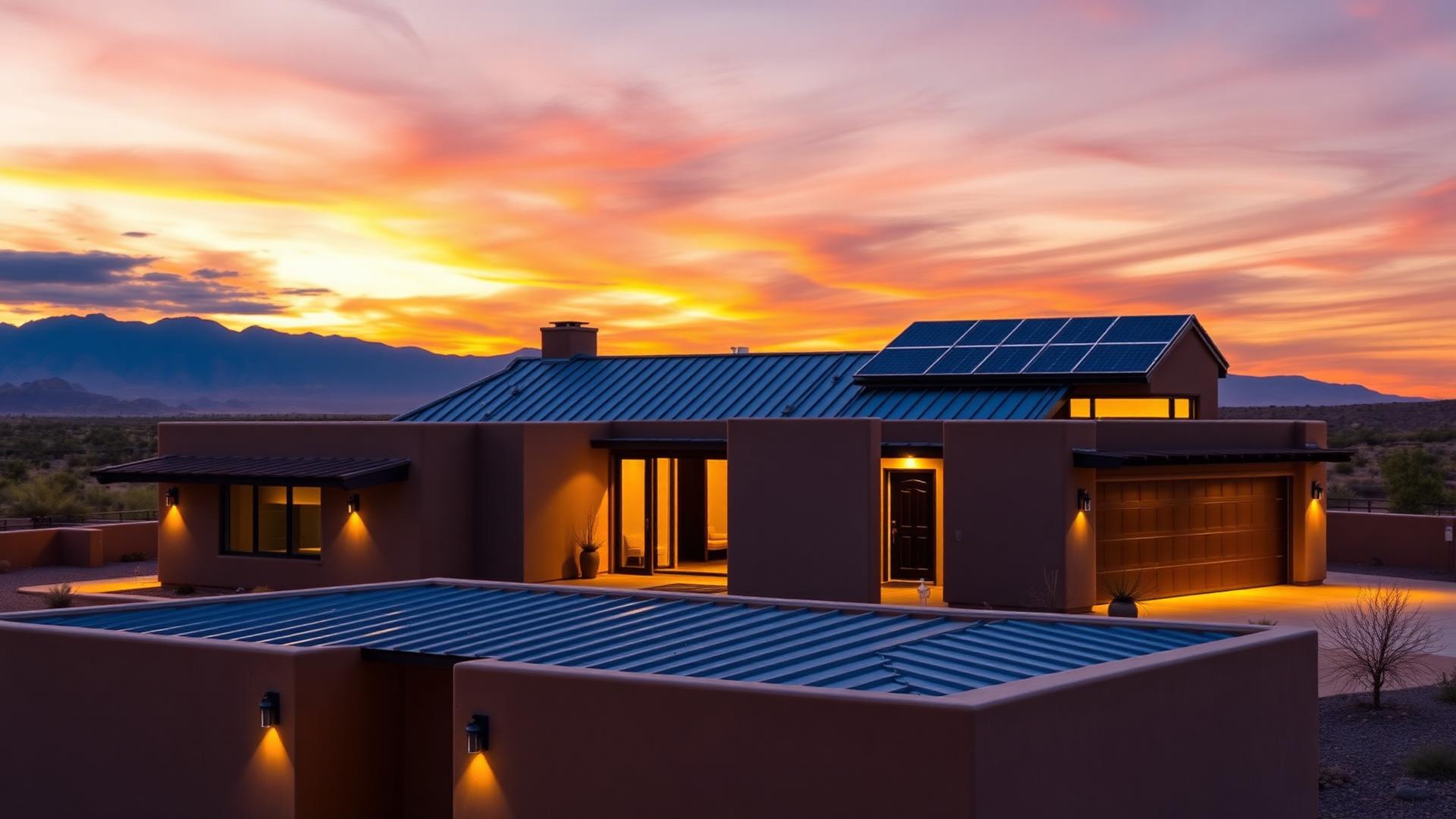 The AMR 3 crew with the owner shaking hands in front of a finished roof and solar installation at sunset