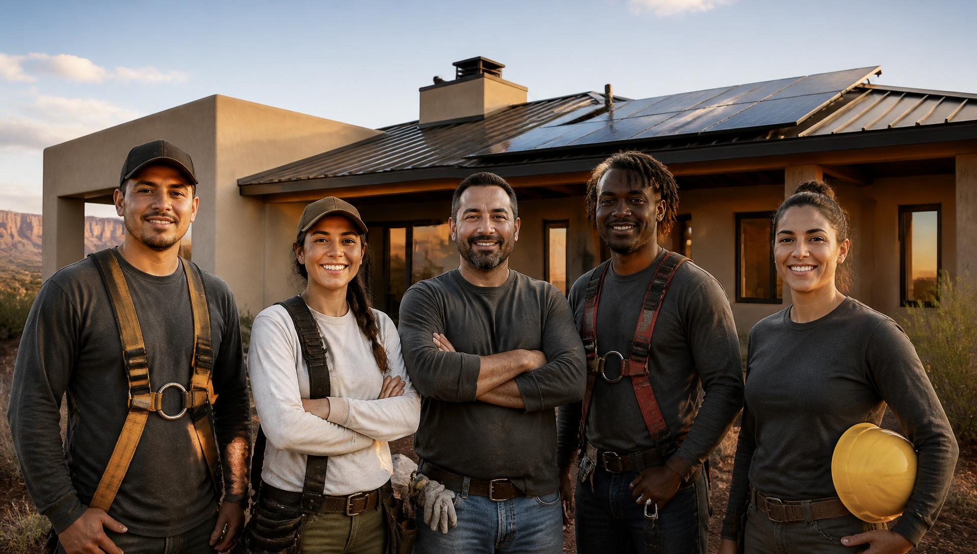 The AMR 3 Design & Construction team standing in front of a completed roof and solar installation in Albuquerque, NM