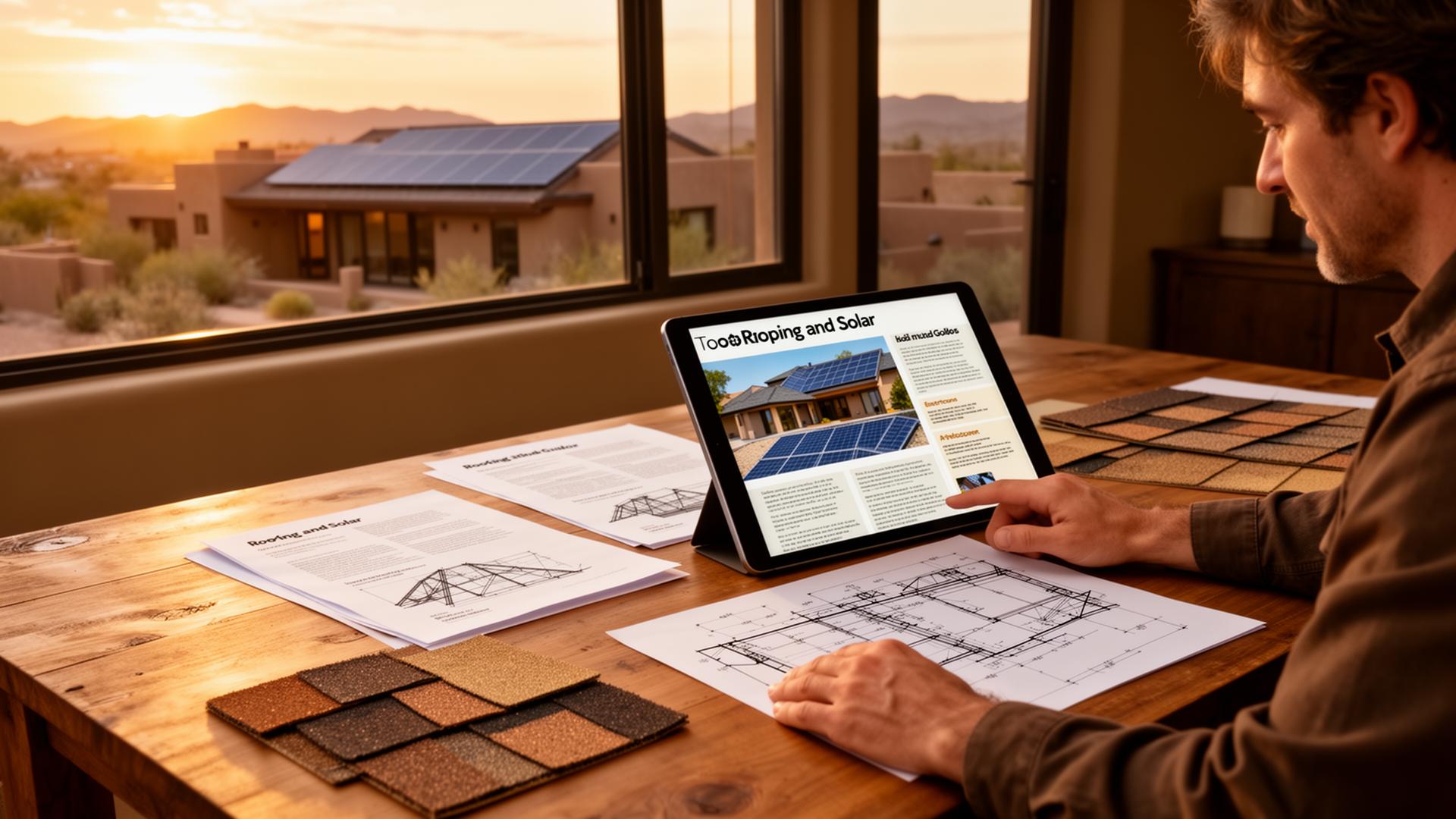 Homeowner reviewing a roofing and solar guide on a tablet beside blueprints and shingle samples at sunset