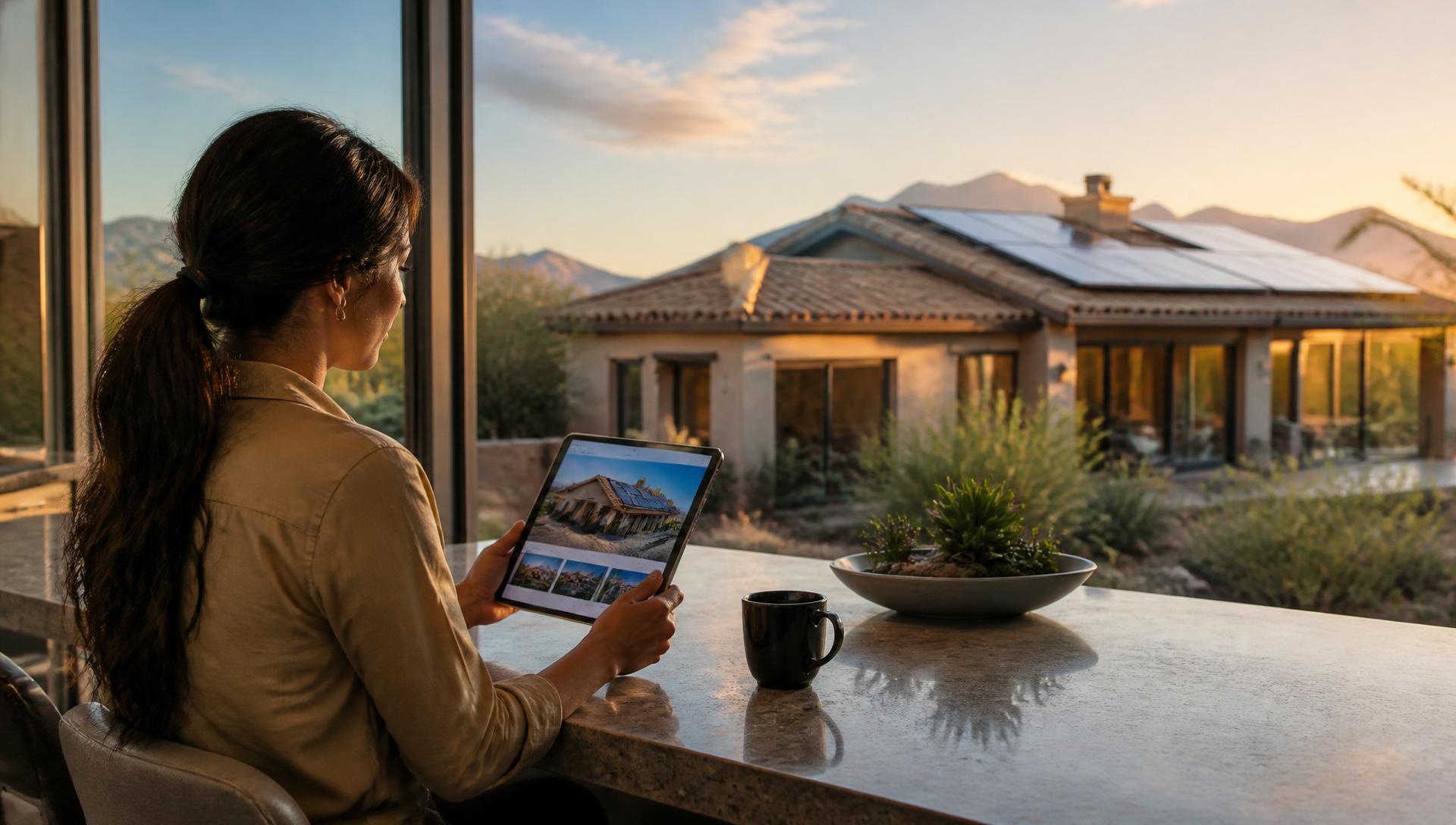 Homeowner reviewing a roofing and solar guide on a tablet beside blueprints and shingle samples at sunset