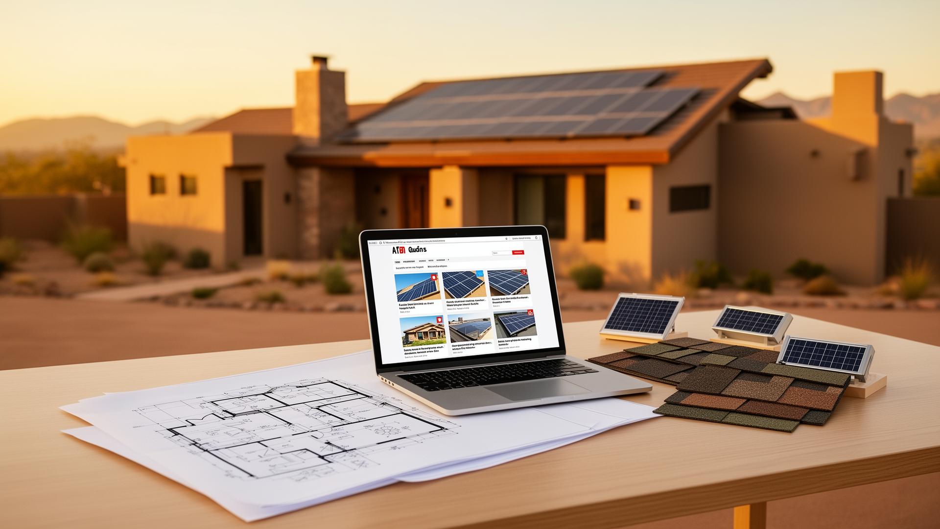 Laptop with roofing and solar articles beside blueprints and shingle samples in front of a modern New Mexico home
