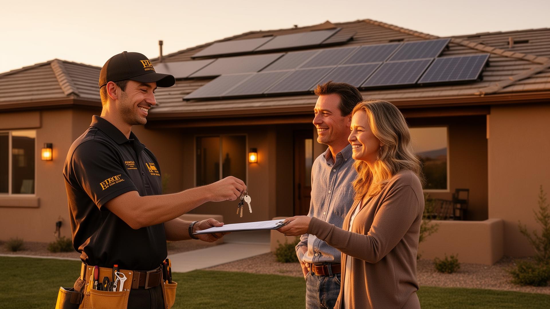 AMR 3 contractor handing keys to a happy homeowner couple in front of a finished Albuquerque home