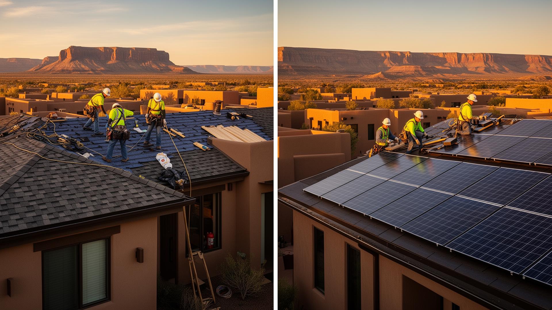 AMR 3 roofing crew and solar installation team working on a modern New Mexico home at golden hour
