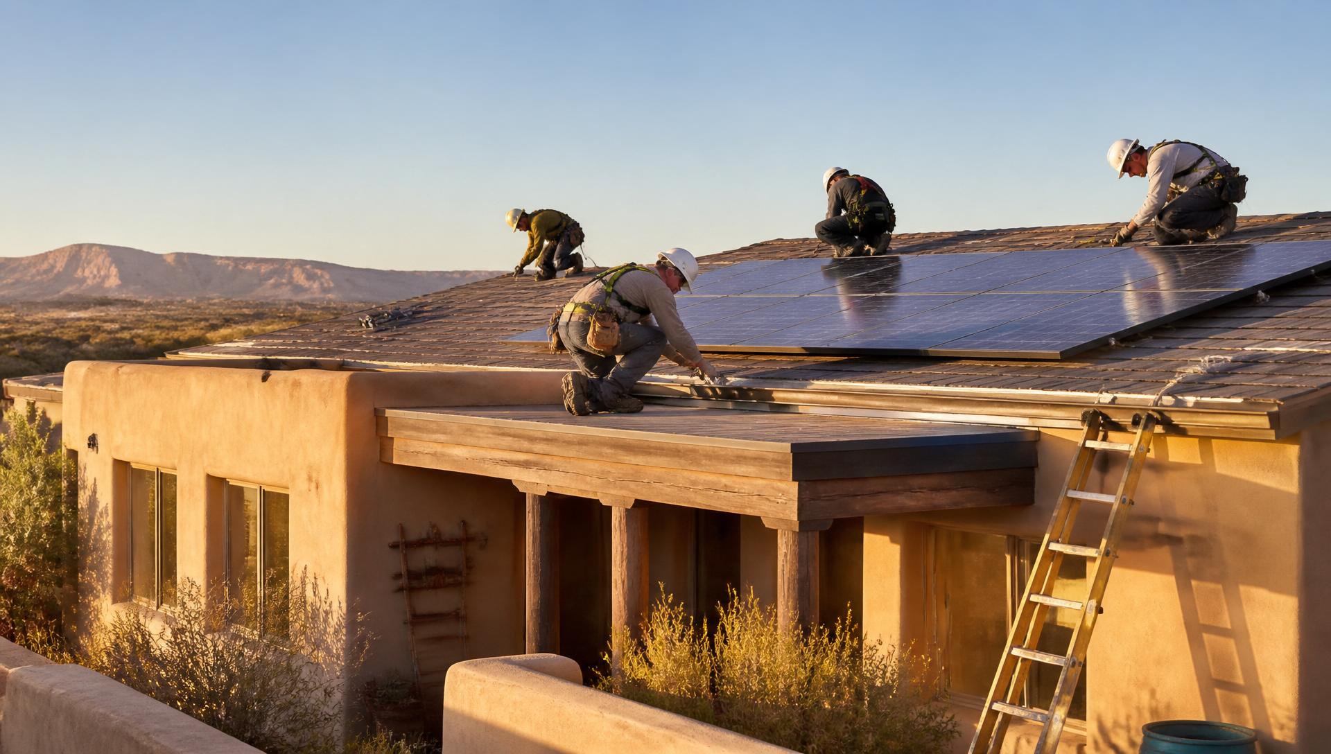 AMR 3 roofing crew and solar installation team working on a modern New Mexico home at golden hour