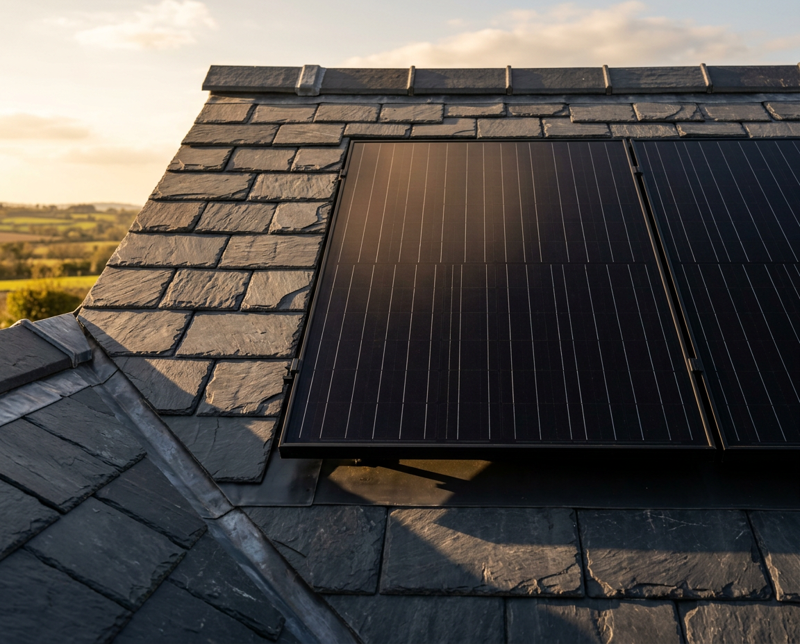 Close-up of solar panel mounting and flashing detail
