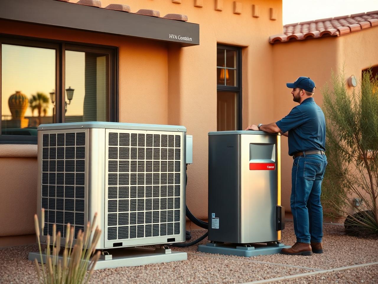 HVAC technician installing a high-efficiency air conditioning unit beside a New Mexico home