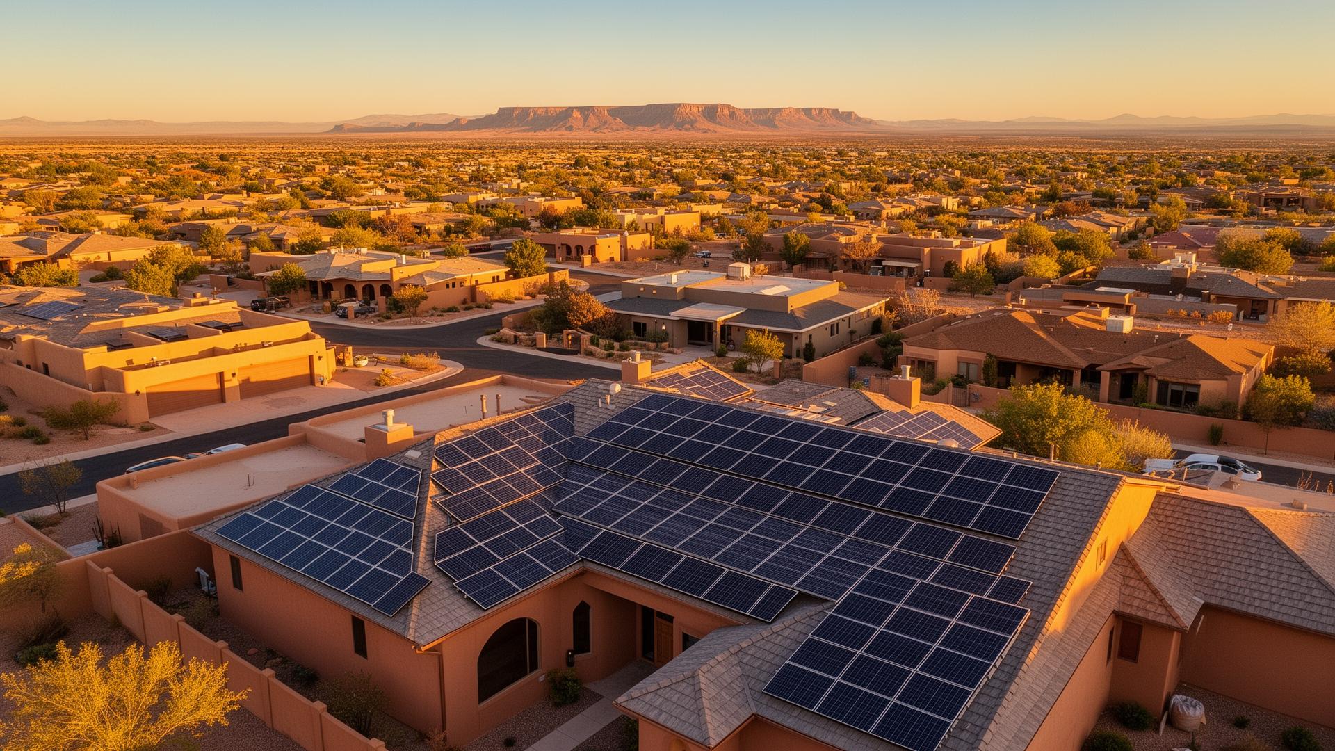 Aerial view of completed AMR 3 roofing and solar projects across a New Mexico neighborhood at golden hour